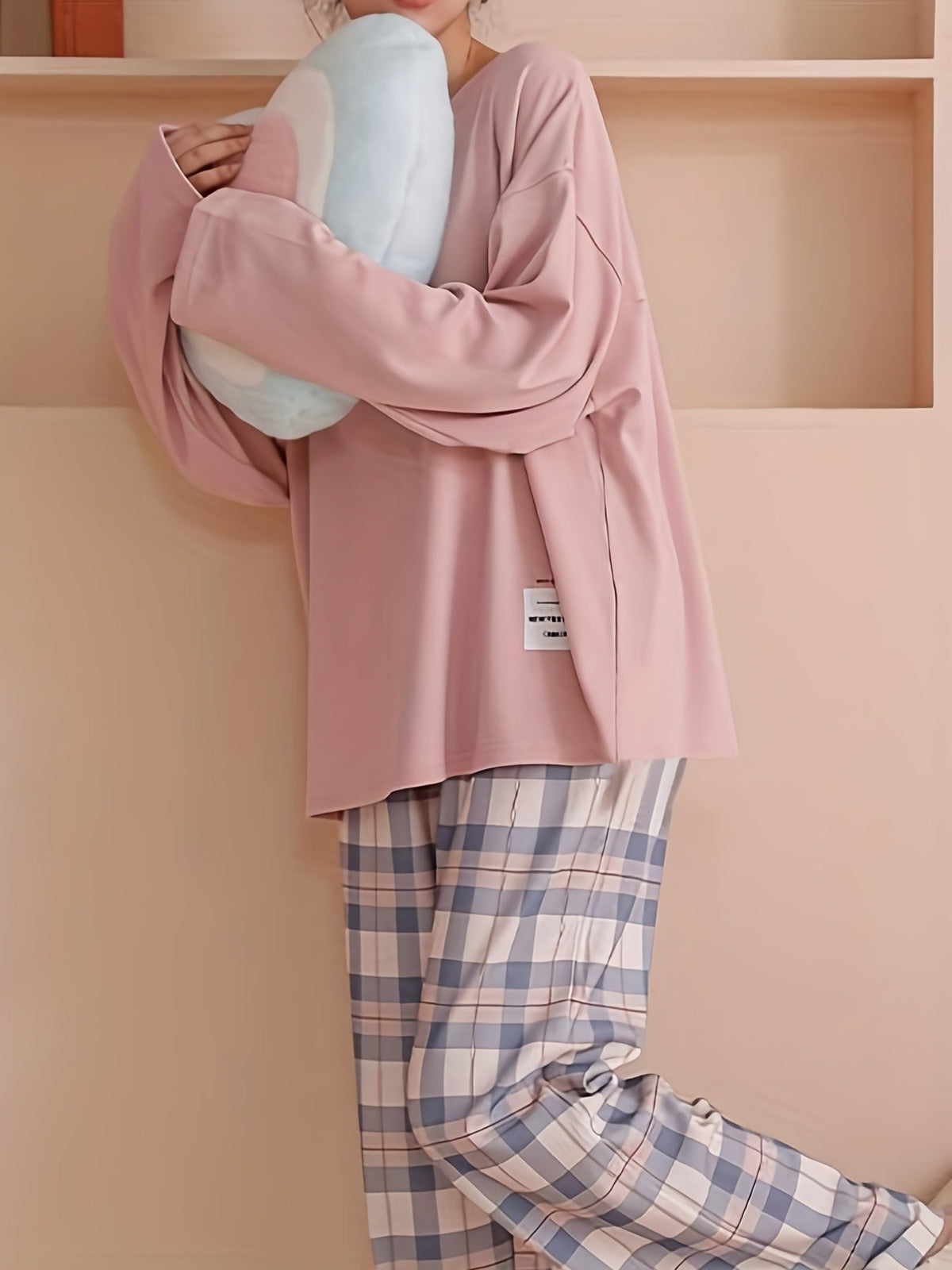 Women's Pyjama Set Pink Long Sleeve Top Plaid Trousers – Sleepwear, Loungewear, Home, Gift