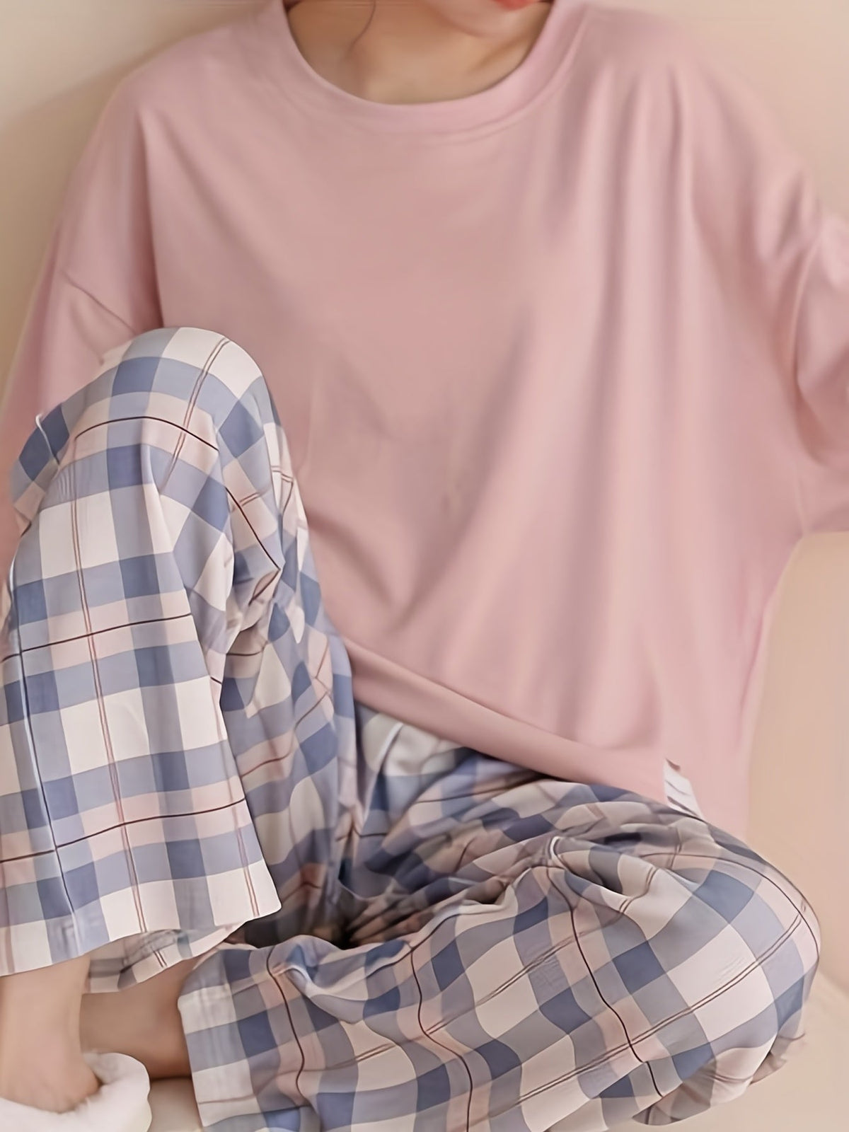 Women's Pyjama Set Pink Long Sleeve Top Plaid Trousers – Sleepwear, Loungewear, Home, Gift