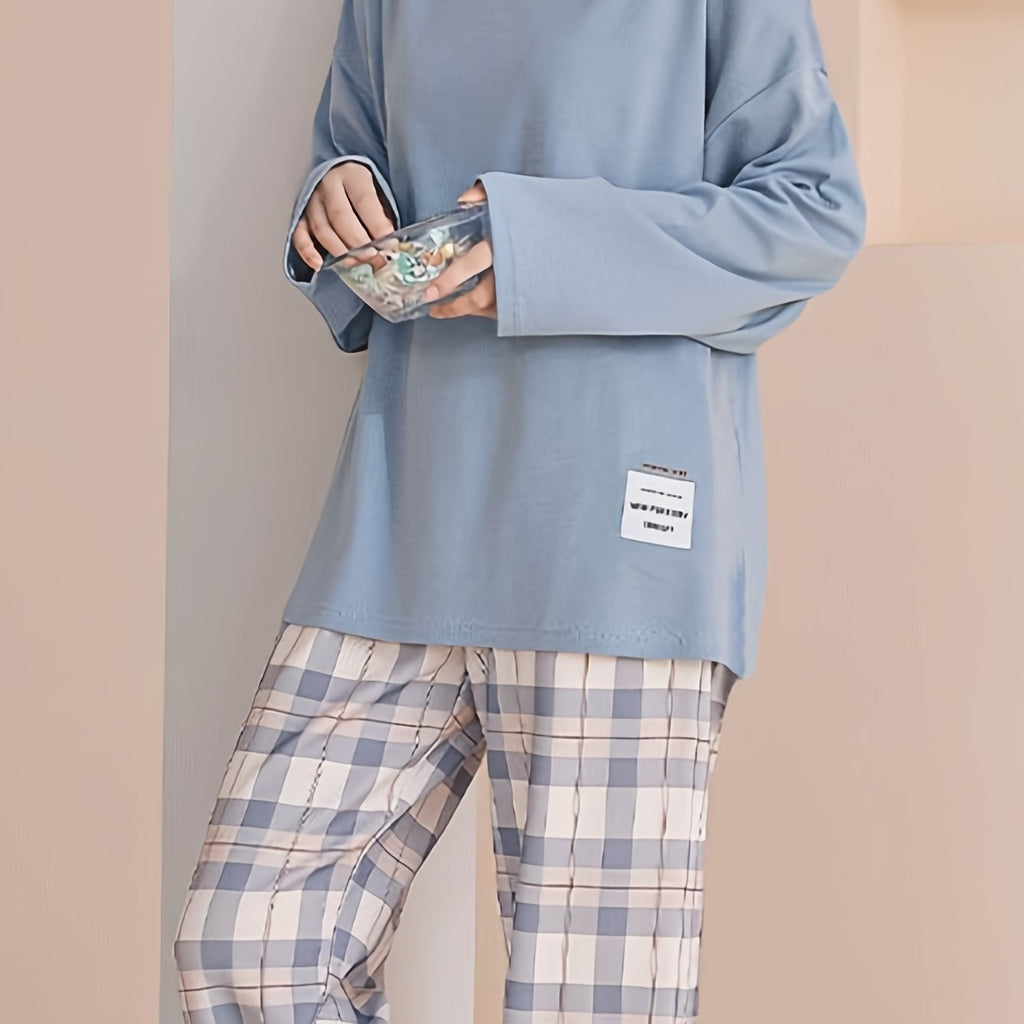 Women's Pyjama Set Pink Long Sleeve Top Plaid Trousers – Sleepwear, Loungewear, Home, Gift