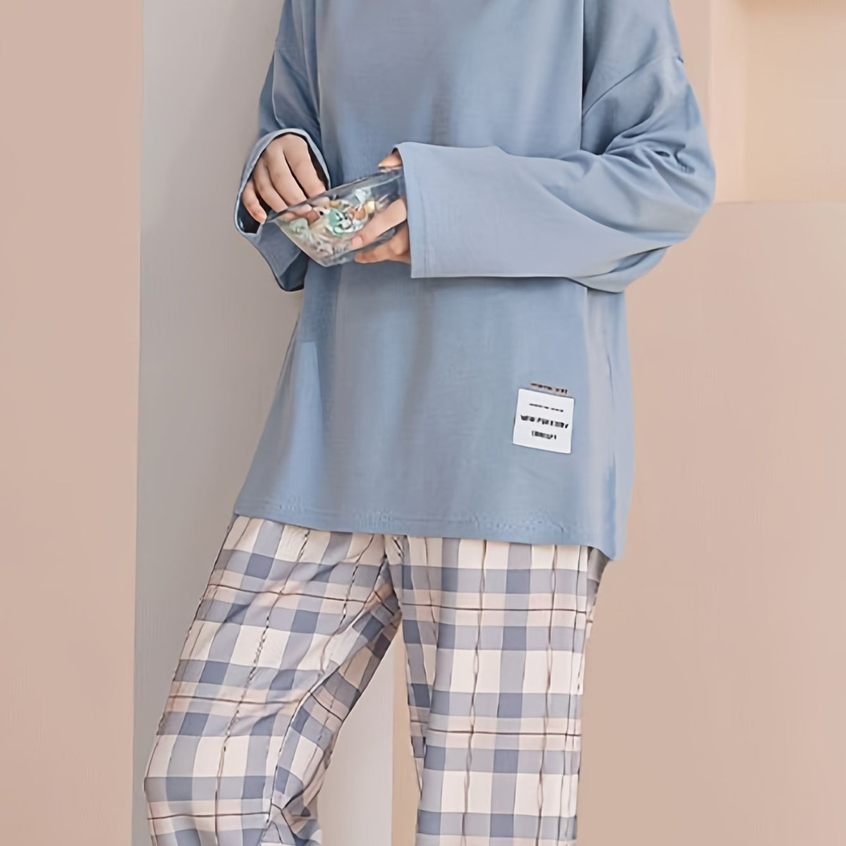 Women's Pyjama Set Pink Long Sleeve Top Plaid Trousers – Sleepwear, Loungewear, Home, Gift