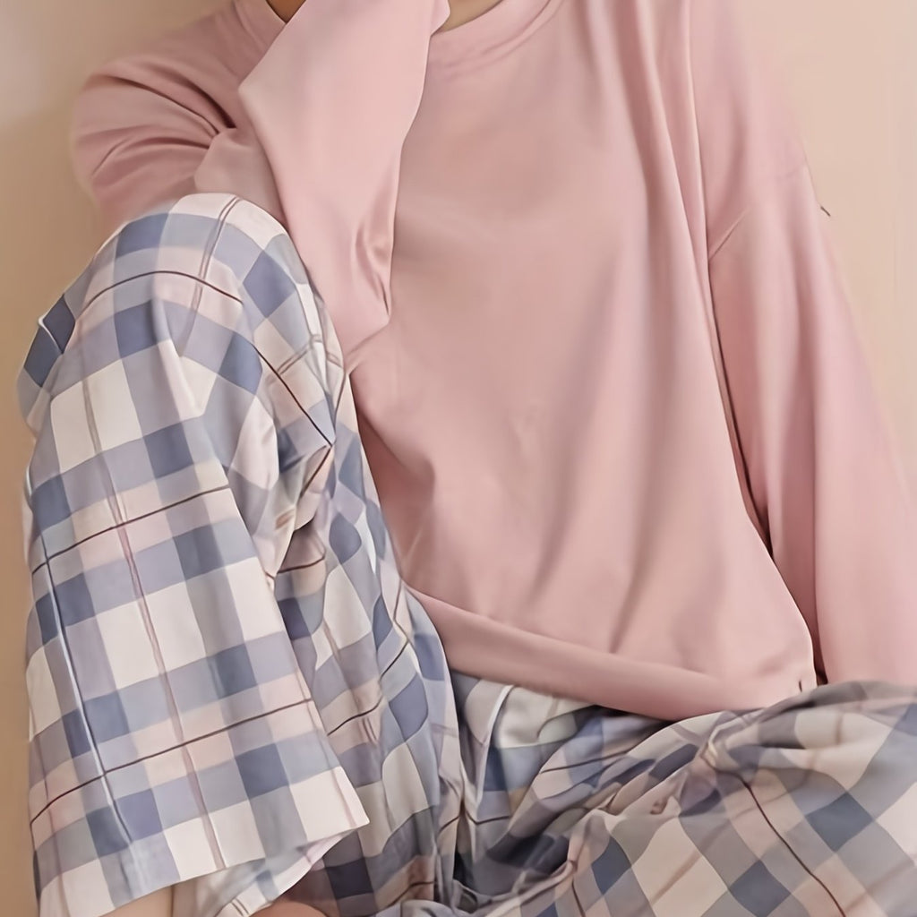 Women's Pyjama Set Pink Long Sleeve Top Plaid Trousers – Sleepwear, Loungewear, Home, Gift
