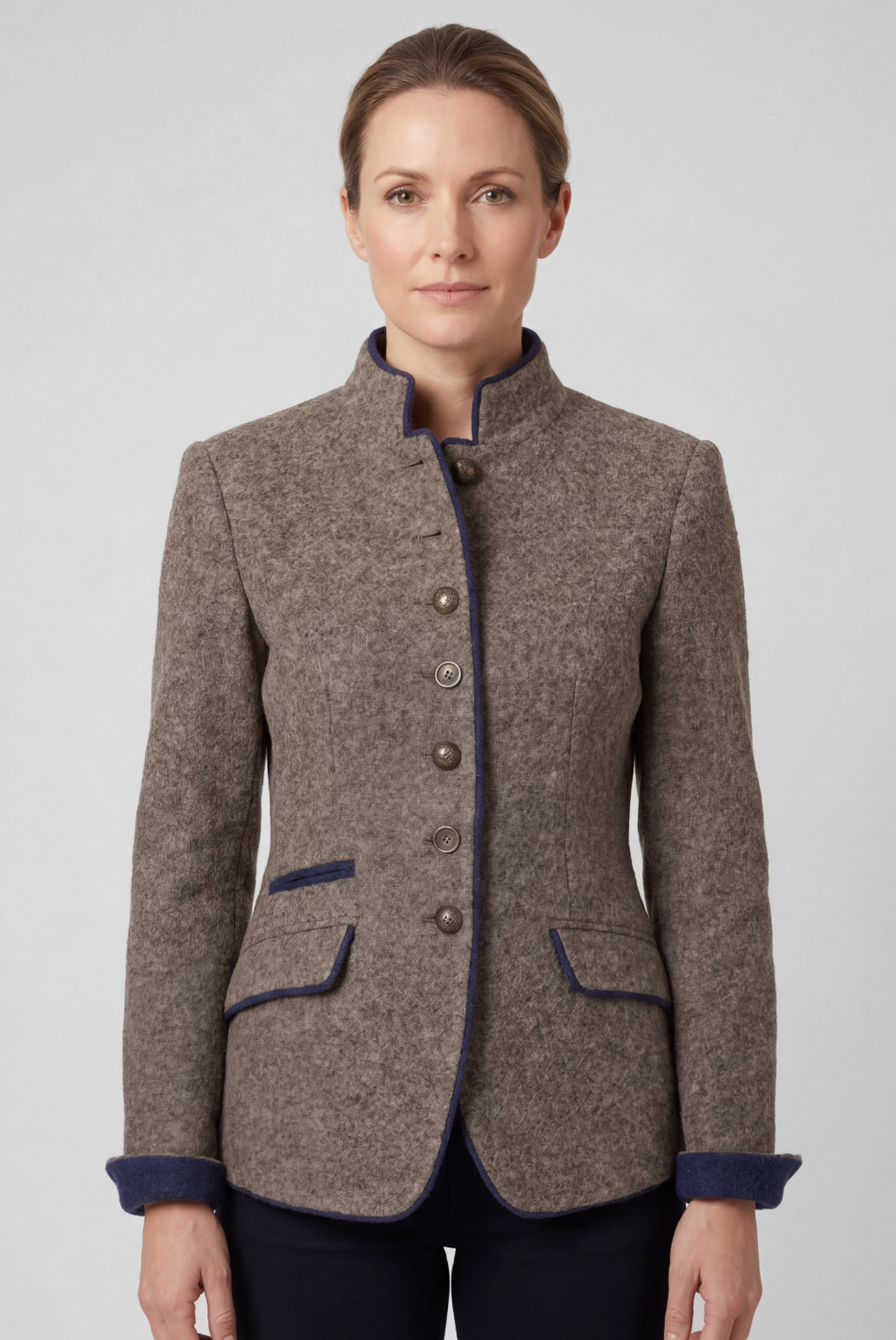 Women's Tailored Blazer Wool Brown Flap Pockets Stand Collar – Office, Business Casual, Work, Gift