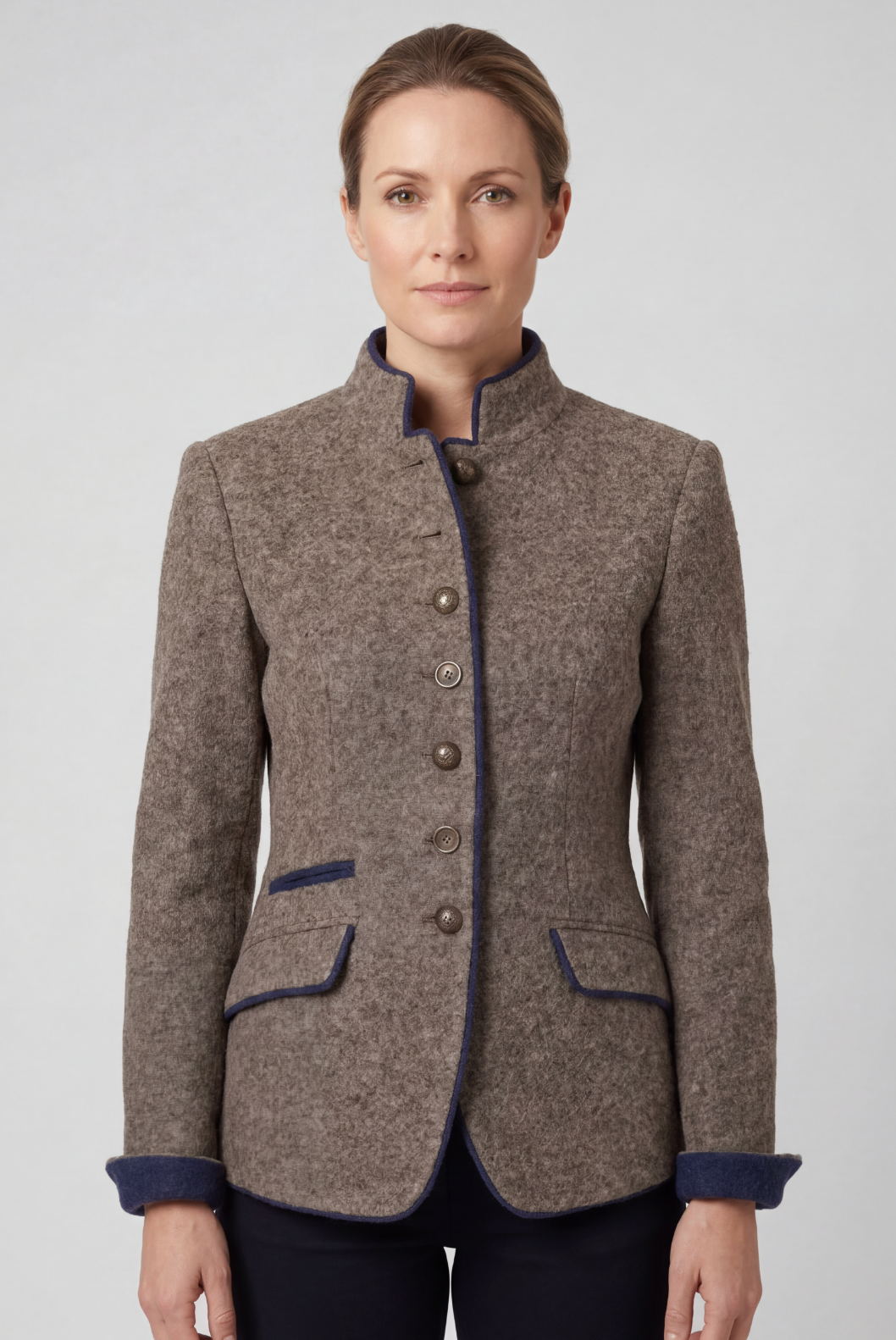 Women's Tailored Blazer Wool Brown Flap Pockets Stand Collar – Office, Business Casual, Work, Gift
