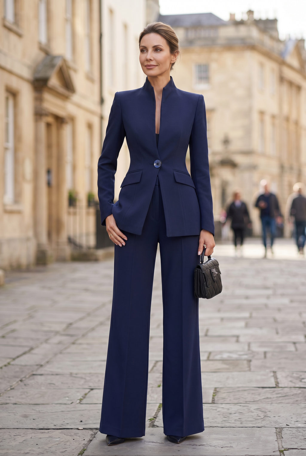 Women's Trouser Suit Set Navy High Neck Blazer Wide Leg Women's – Office, Formal Wear