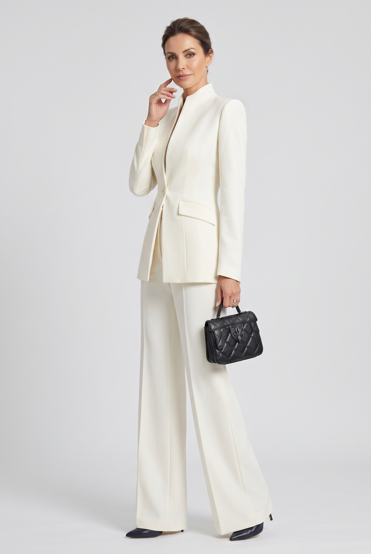 Women's Trouser Suit Set Navy High Neck Blazer Wide Leg Women's – Office, Formal Wear