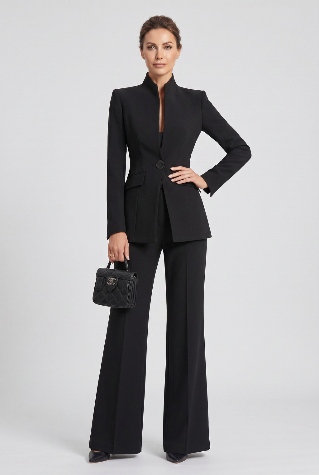 Women's Trouser Suit Set Navy High Neck Blazer Wide Leg Women's – Office, Formal Wear