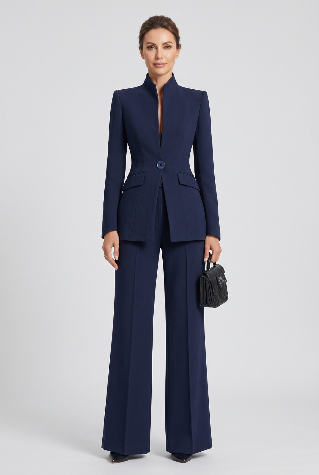 Women's Trouser Suit Set Navy High Neck Blazer Wide Leg Women's – Office, Formal Wear