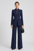Women's Trouser Suit Set Navy High Neck Blazer Wide Leg Women's – Office, Formal Wear