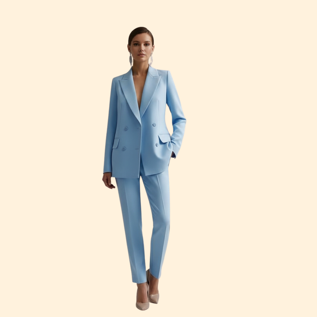 Women's Two-Piece Suit Set Light Blue Double-Breasted Blazer Trousers – Office, Formal, Gift