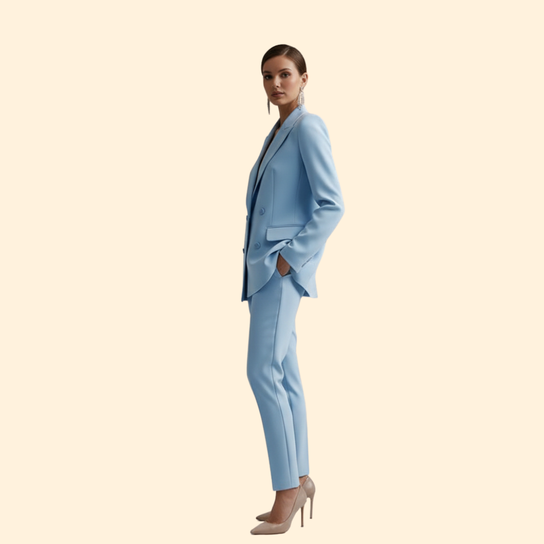 Women's Two-Piece Suit Set Light Blue Double-Breasted Blazer Trousers – Office, Formal, Gift