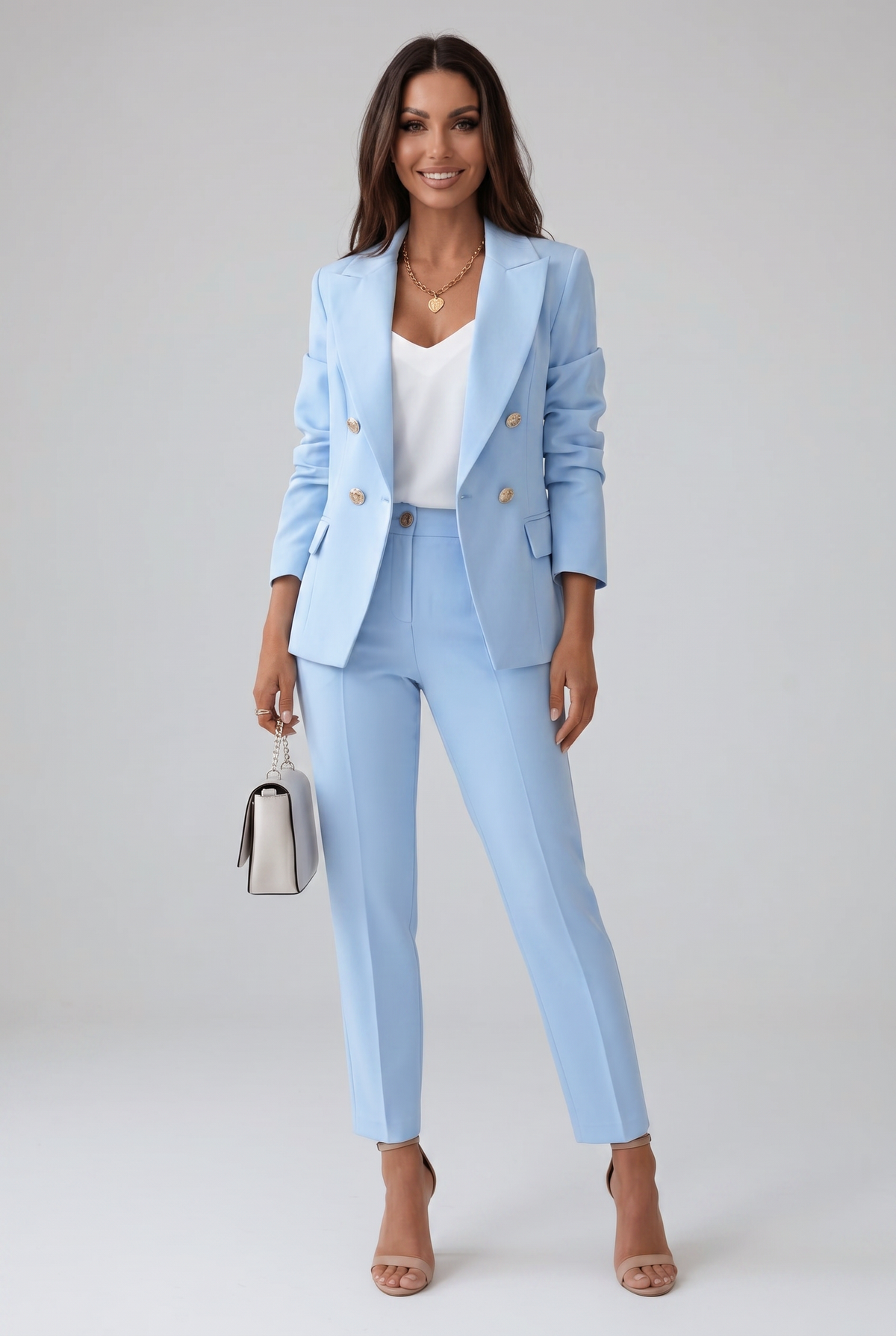 Women's Two Piece Suit Set Light Blue Double-Breasted Blazer Trousers Women's – Office, Formal