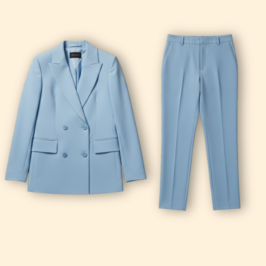 Women's Two-Piece Suit Set Light Blue Double-Breasted Blazer Trousers – Office, Formal, Gift