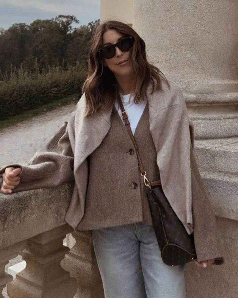 Wool-Blend Blazer Jacket Collarless Oversized Women's Beige – Office, Casual, Everyday, Gift