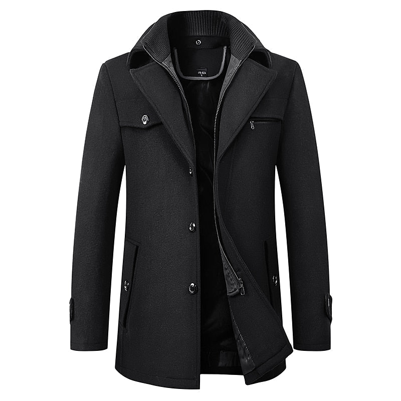 Wool Blend Coat Men's Black Double Collar Jacket – Business, Office, Casual, Winter, Gift