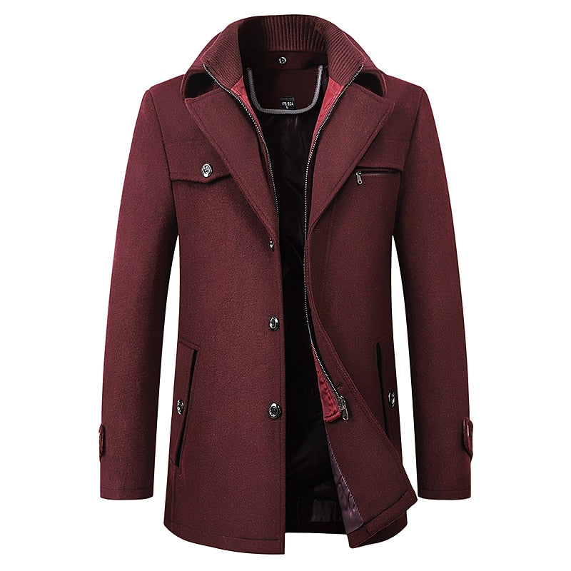 Wool Blend Coat Men's Black Double Collar Jacket – Business, Office, Casual, Winter, Gift