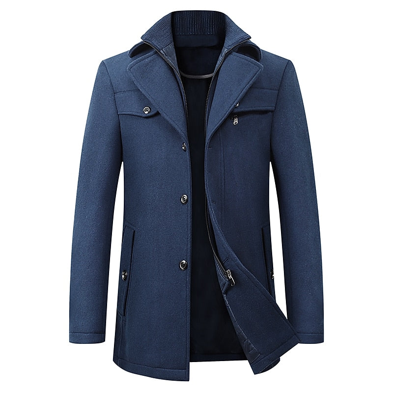 Wool Blend Coat Men's Black Double Collar Jacket – Business, Office, Casual, Winter, Gift
