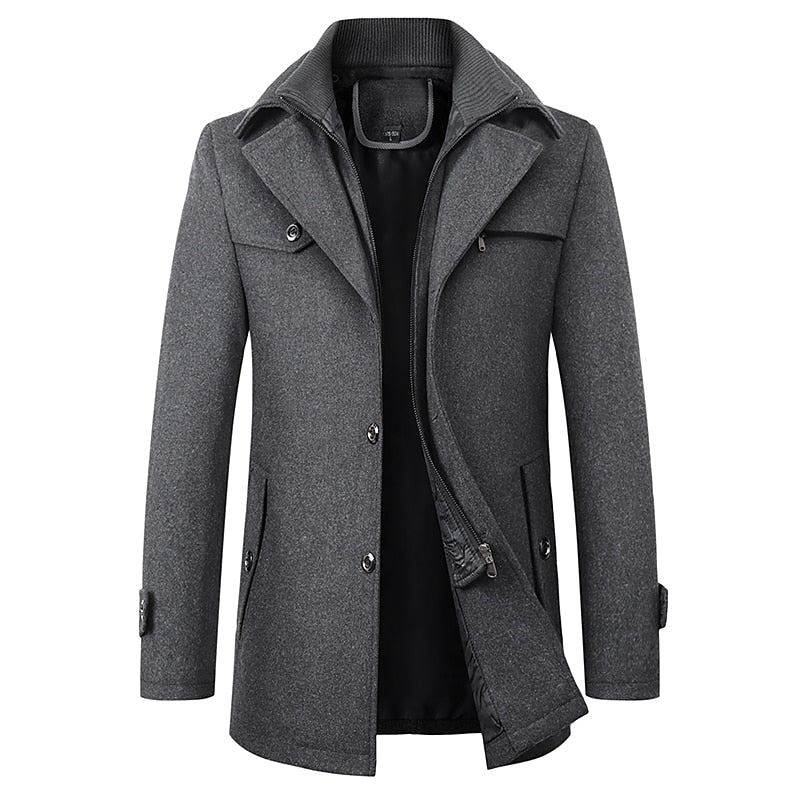 Wool Blend Coat Men's Black Double Collar Jacket – Business, Office, Casual, Winter, Gift
