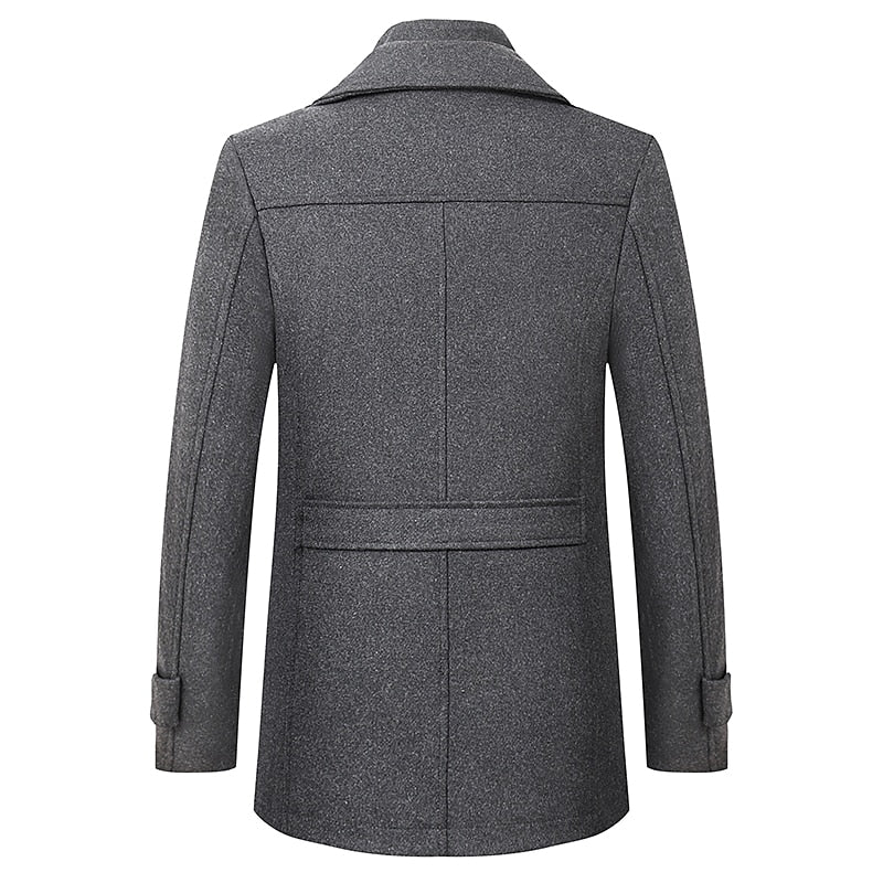 Wool Blend Coat Men's Black Double Collar Jacket – Business, Office, Casual, Winter, Gift