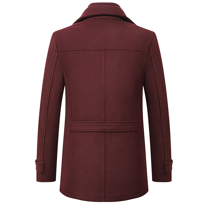 Wool Blend Coat Men's Black Double Collar Jacket – Business, Office, Casual, Winter, Gift