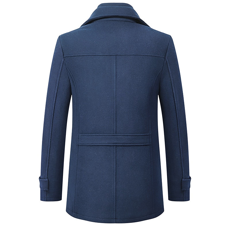 Wool Blend Coat Men's Black Double Collar Jacket – Business, Office, Casual, Winter, Gift