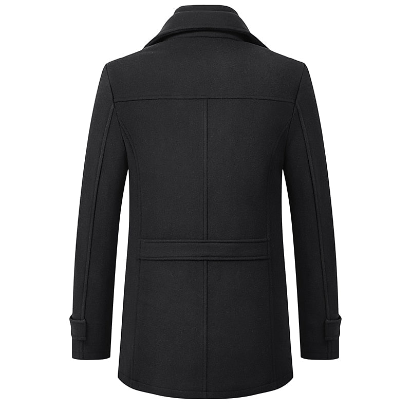 Wool Blend Coat Men's Black Double Collar Jacket – Business, Office, Casual, Winter, Gift