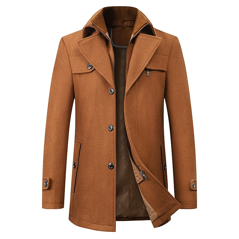Wool Blend Coat Men's Black Double Collar Jacket – Business, Office, Casual, Winter, Gift