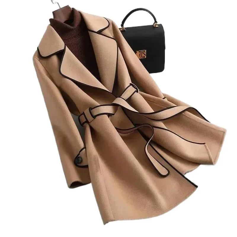 Wool Blend Coat Women's Camel Lapel Mid-Length – Office, Casual, Autumn Winter Gift