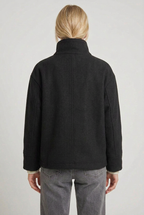 Wool-Blend Jacket Black High-Neck Button-Front Women's – Casual, Office, Holiday