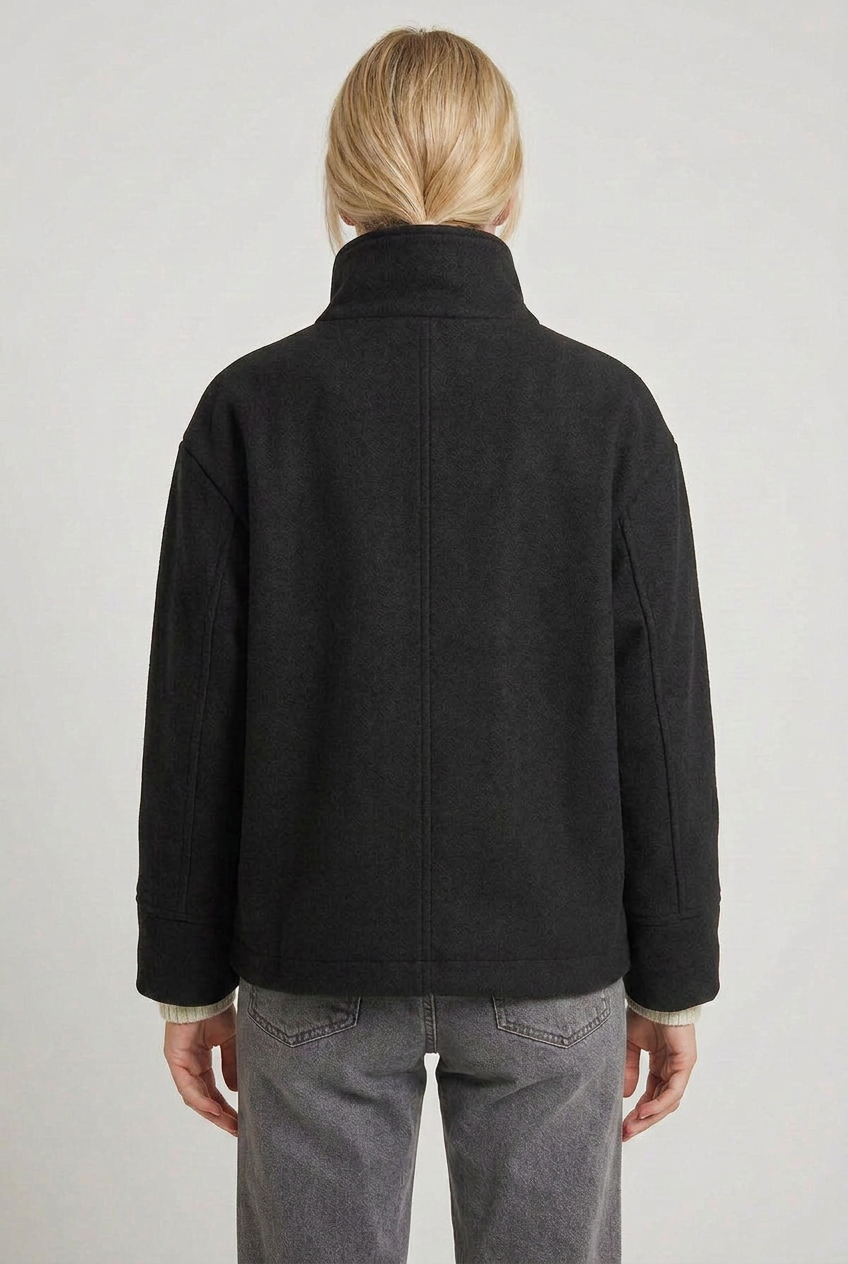 Wool-Blend Jacket Black High-Neck Button-Front Women's – Casual, Office, Holiday