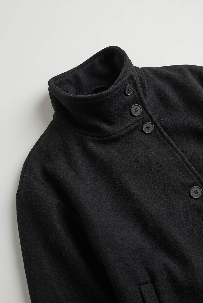 Wool-Blend Jacket Black High-Neck Button-Front Women's – Casual, Office, Holiday
