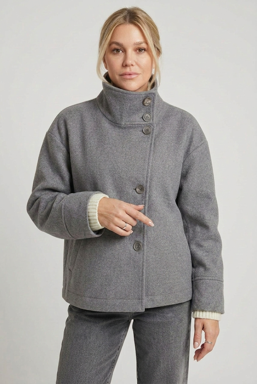 Wool-Blend Jacket Black High-Neck Button-Front Women's – Casual, Office, Holiday