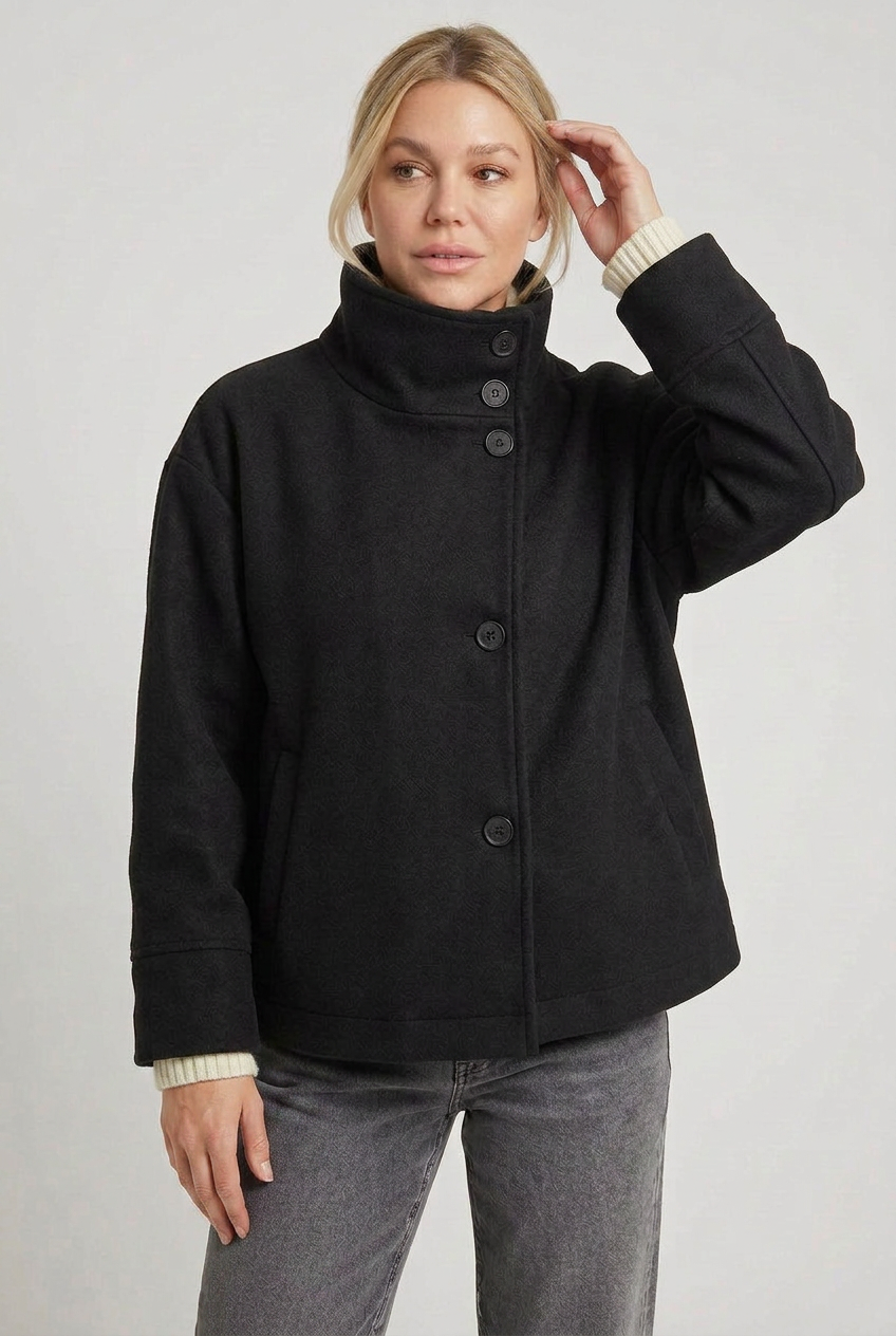 Wool-Blend Jacket Black High-Neck Button-Front Women's – Casual, Office, Holiday