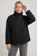Wool-Blend Jacket Black High-Neck Button-Front Women's – Casual, Office, Holiday