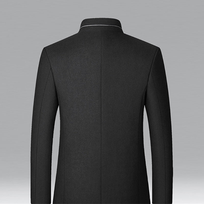 Wool Blend Overcoat Men's Black Stand-Collar Quilted Lining – Office, Casual, Winter, Gift
