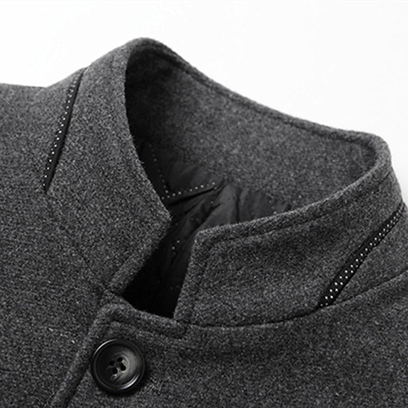 Wool Blend Overcoat Men's Black Stand-Collar Quilted Lining – Office, Casual, Winter, Gift