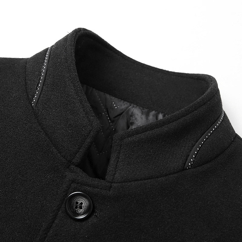 Wool Blend Overcoat Men's Black Stand-Collar Quilted Lining – Office, Casual, Winter, Gift