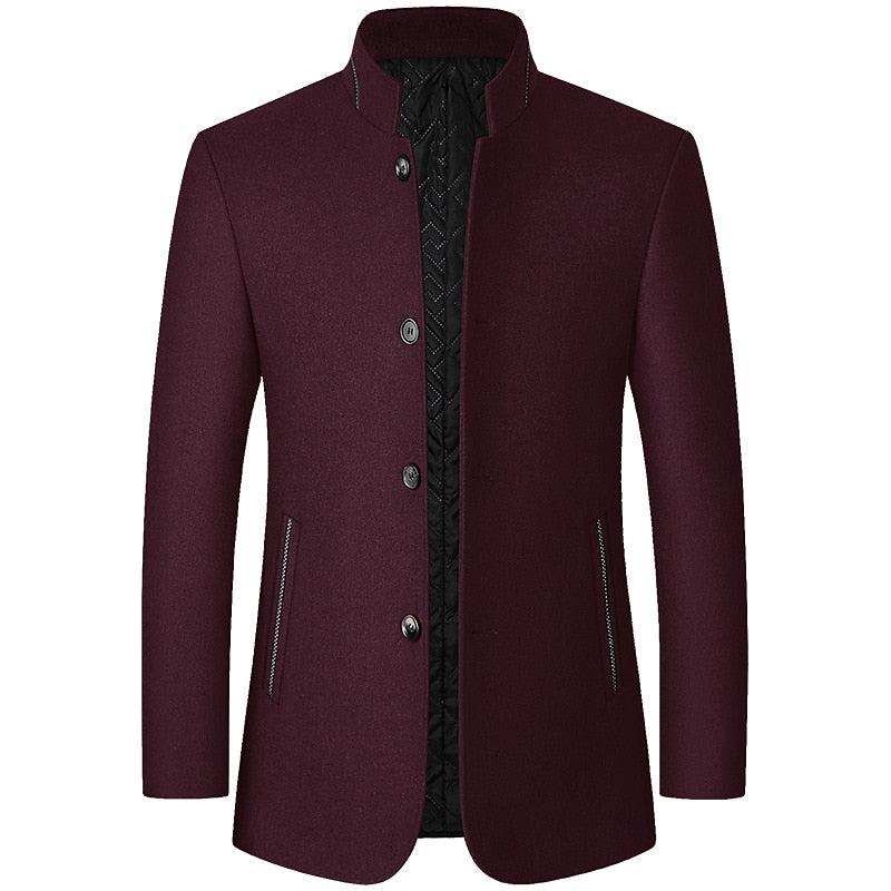 Wool Blend Overcoat Men's Black Stand-Collar Quilted Lining – Office, Casual, Winter, Gift