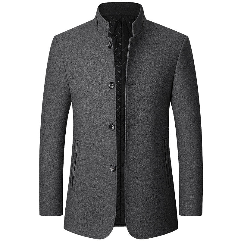 Wool Blend Overcoat Men's Black Stand-Collar Quilted Lining – Office, Casual, Winter, Gift