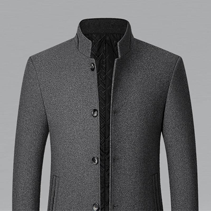 Wool Blend Overcoat Men's Black Stand-Collar Quilted Lining – Office, Casual, Winter, Gift