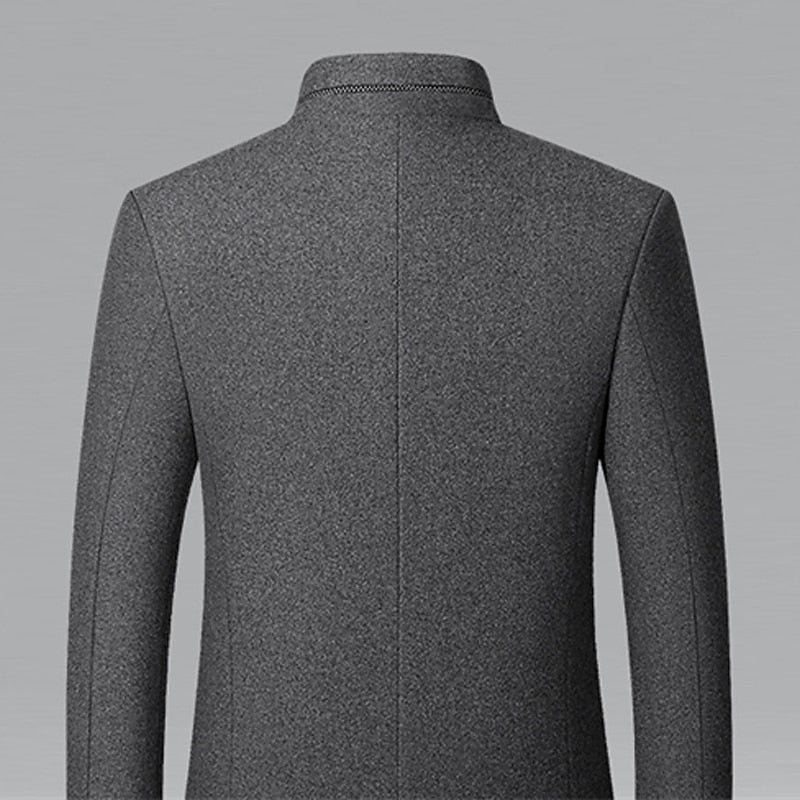 Wool Blend Overcoat Men's Black Stand-Collar Quilted Lining – Office, Casual, Winter, Gift