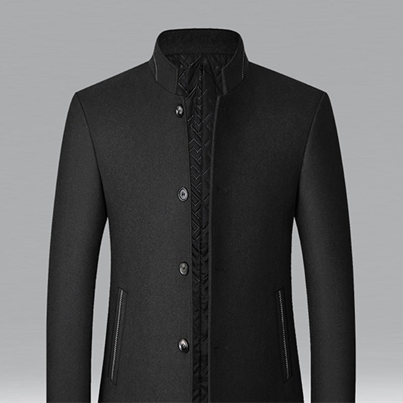 Wool Blend Overcoat Men's Black Stand-Collar Quilted Lining – Office, Casual, Winter, Gift