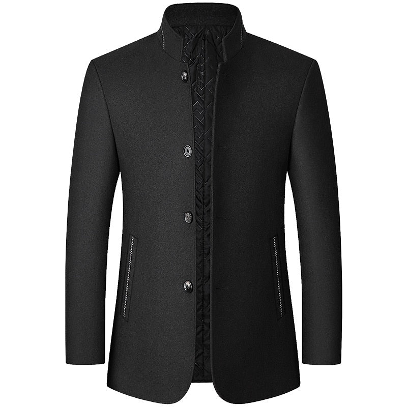 Wool Blend Overcoat Men's Black Stand-Collar Quilted Lining – Office, Casual, Winter, Gift