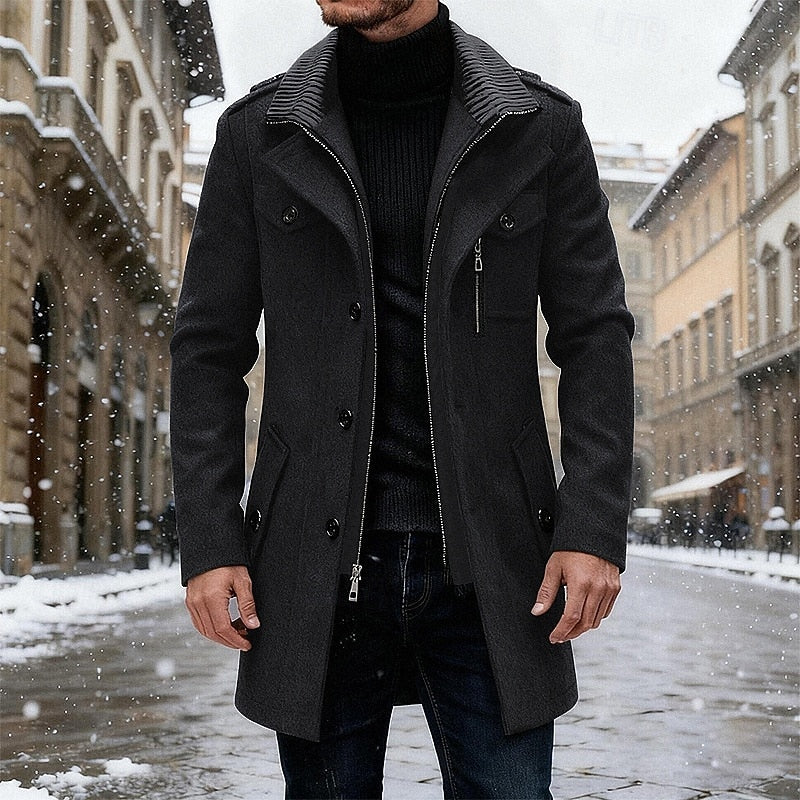 Wool Blend Overcoat Men's Grey Single Breasted Trench Jacket – Casual, Office, Winter, Gift