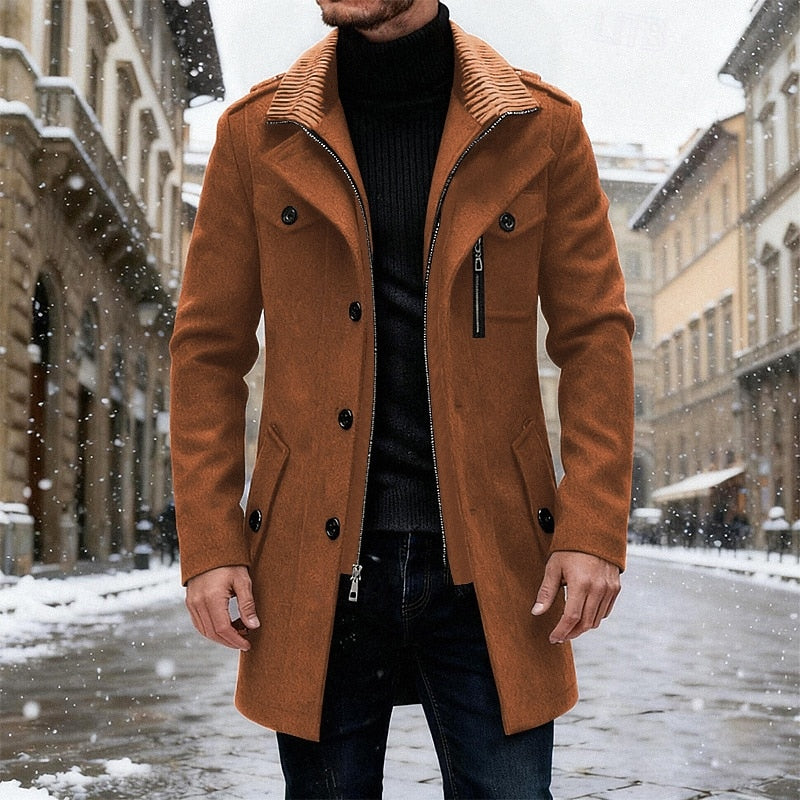 Wool Blend Overcoat Men's Grey Single Breasted Trench Jacket – Casual, Office, Winter, Gift