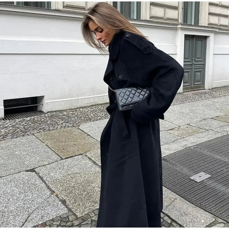 Wool Blend Trench Coat Women's Black Longline Double-Breasted Belted – Casual, Office, Holiday