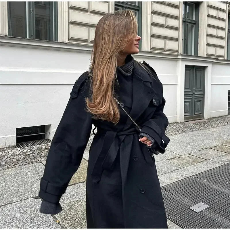 Wool Blend Trench Coat Women's Black Longline Double-Breasted Belted – Casual, Office, Holiday