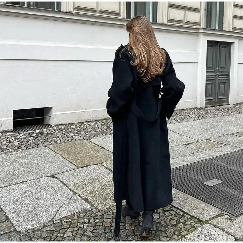 Wool Blend Trench Coat Women's Black Longline Double-Breasted Belted – Casual, Office, Holiday