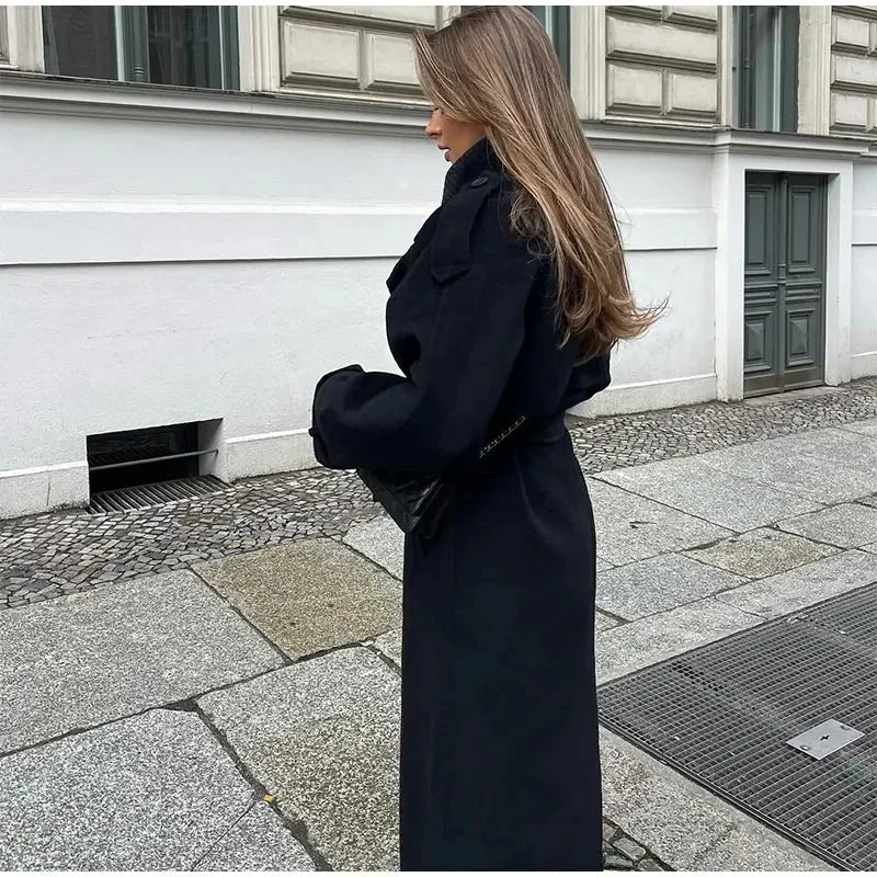 Wool Blend Trench Coat Women's Black Longline Double-Breasted Belted – Casual, Office, Holiday
