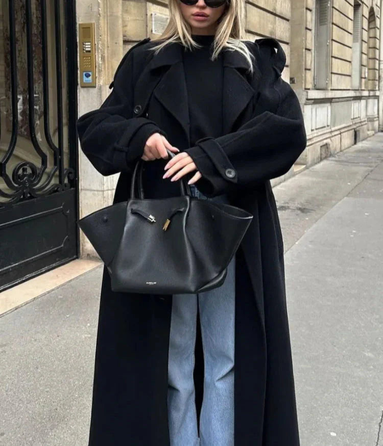 Wool Blend Trench Coat Women's Black Longline Double-Breasted Belted – Casual, Office, Holiday
