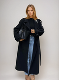 Wool Blend Trench Coat Women's Black Longline Double-Breasted Belted – Casual, Office, Holiday